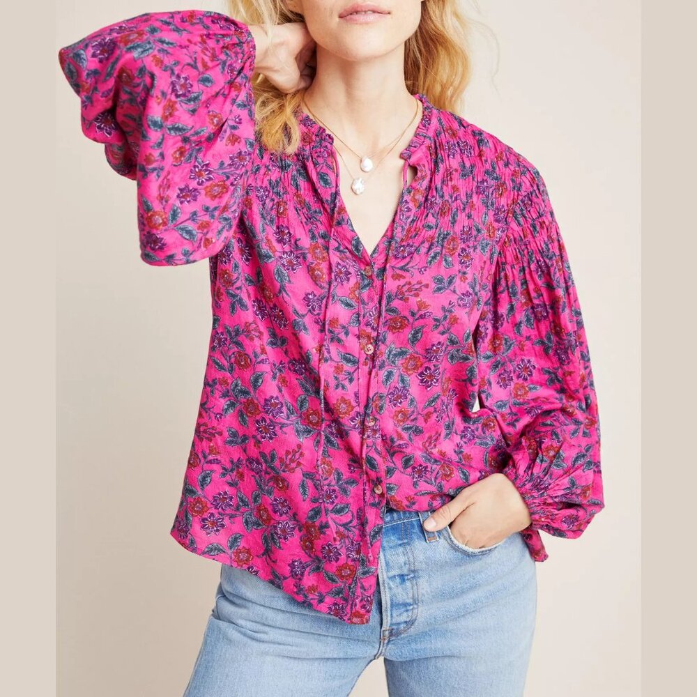 Anthropologie Maeve Calais Smocked Peasant Floral Pink Long Sleeve Blouse Sz L